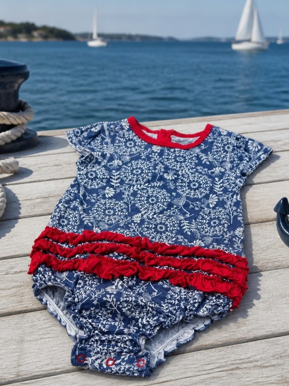 Burts Bees Baby Girls Navy Floral Ruffle One-Piece Bodysuit with Red Trim 6/9